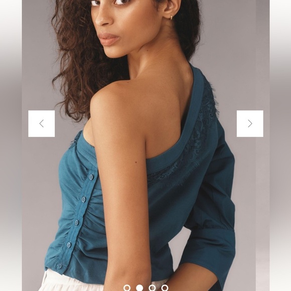 ANTHROPOLOGIE One Shoulder Puff Sleeve Lace Detail Top Dark Blue Size M NEW - Picture 5 of 8